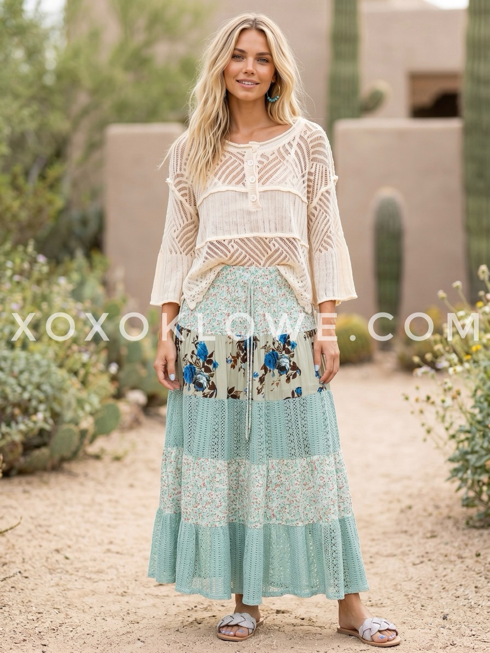 POL Sage Green Floral Patchwork Maxi Skirt | Mint Boho Tiered Lace Flowy - Picture 2 of 10